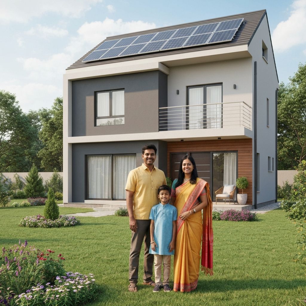 Happy Indian family with solar-powered home